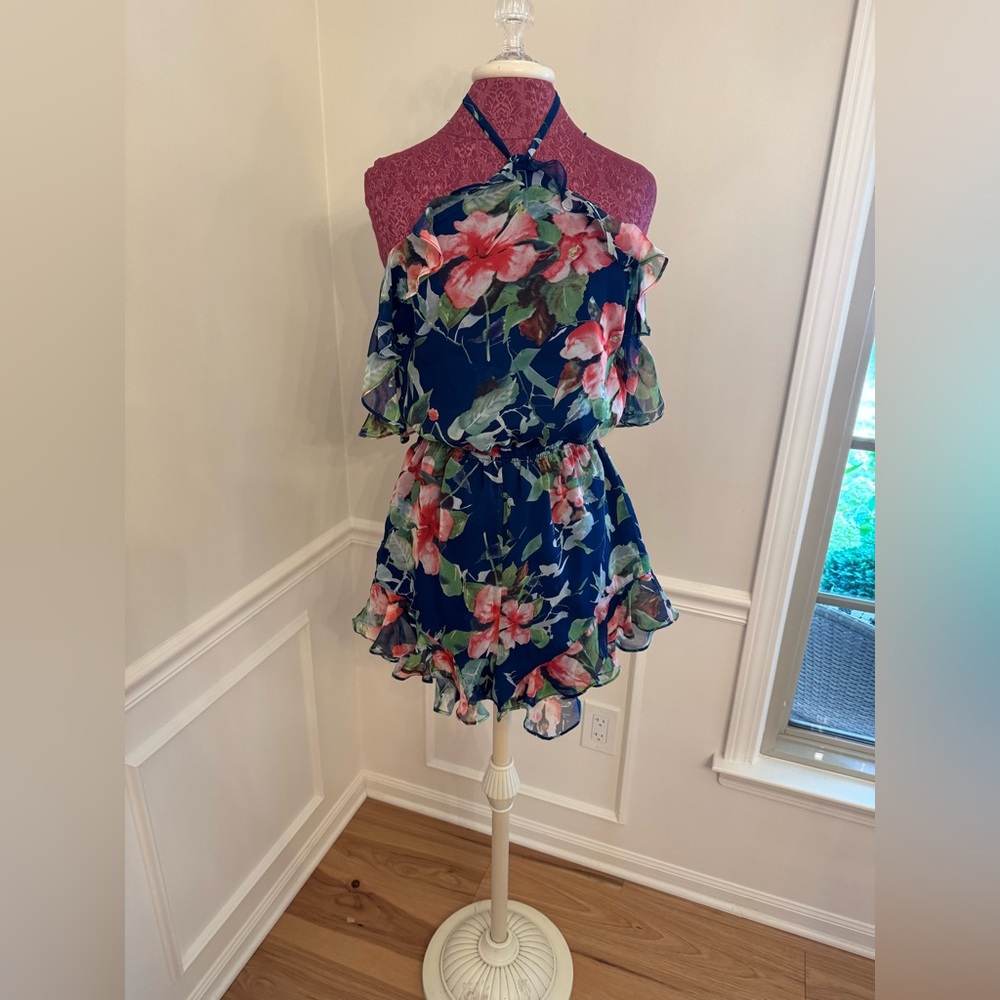 Etiquette Floral Halter Romper - Blue and Pink